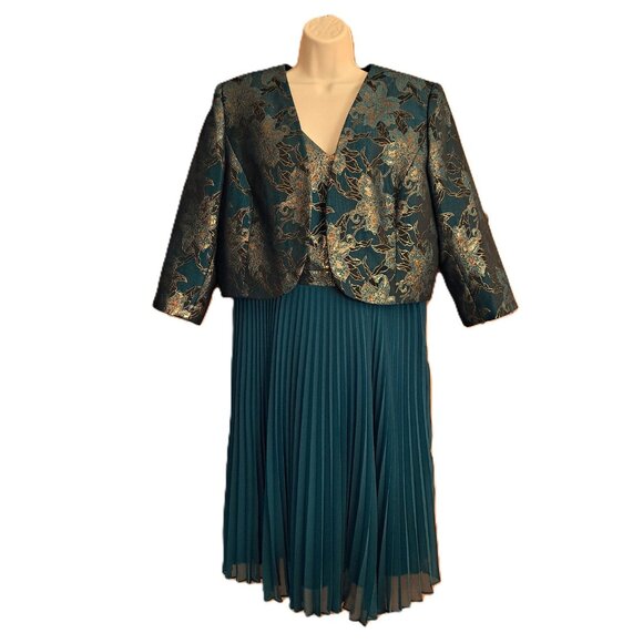 Tahari ASL Metallic Jacquard Dress w/ Blazer Jacket Cocktail Formal Teal Gold 16 - Picture 1 of 8